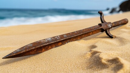 Ancient harpoon resting on sandy beach, partially buried with weathered wooden handle and rusted metal tip, evoking historical maritime heritage and archaeological significance.