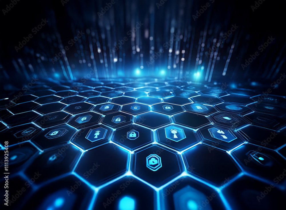 Poster Abstract digital landscape of glowing blue hexagons, each containing a security icon, representing data protection and cybersecurity in a futuristic network.  Data streams cascade down from the top.