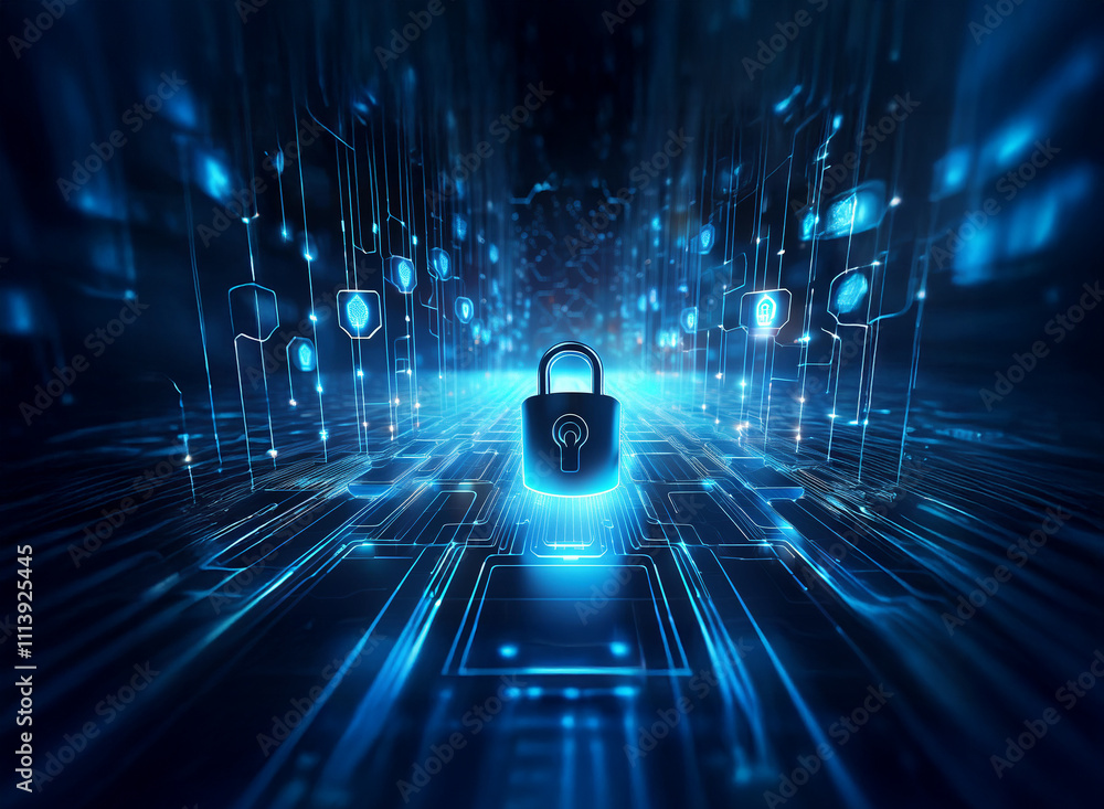 Aufkleber a glowing padlock sits at the center of a digital landscape, surrounded by abstract data streams and