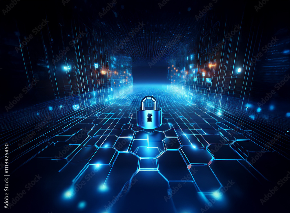 Poster a glowing blue padlock sits at the center of a digital, hexagonal network, symbolizing cybersecurity