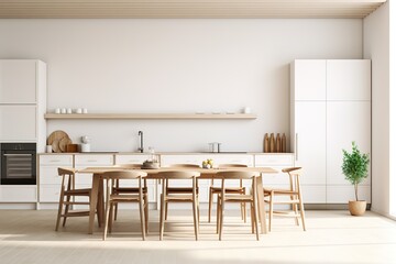 3d rendering white scandinavian style wood kitchen and dining room
