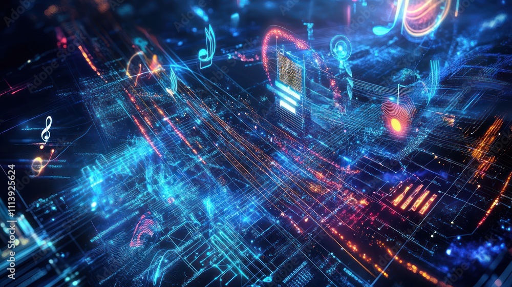 Poster abstract digital landscape with vibrant music notes and glowing data streams.