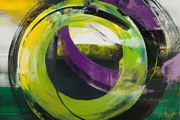 Vibrant Abstract Art with Circular Shapes in Green, Purple, and Yellow - Modern Decor for Artistic Spaces and Creative Projects