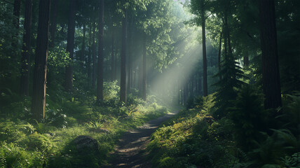 Fototapeta premium 木漏れ日が差し込む緑豊かな森の小道