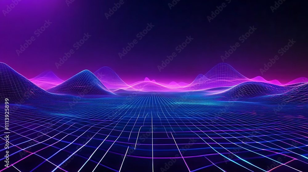 Aufkleber futuristic abstract landscape with vibrant neon waves and grid patterns in dark background