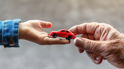 Fototapeta premium Child and senior hands holding a toy car. Car insurance and protection for vehicles. Safeguarding assets, peace of mind, security, and coverage in the event of car-related incidents. 