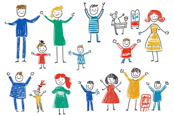 Naklejka premium Colorful stick figure family illustration with joyful expressions, featuring adults and children in various poses, showcasing playful and happy atmosphere