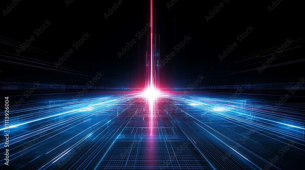 Poster futuristic abstract light beam with glowing lines in dark space for technology and sci-fi concepts