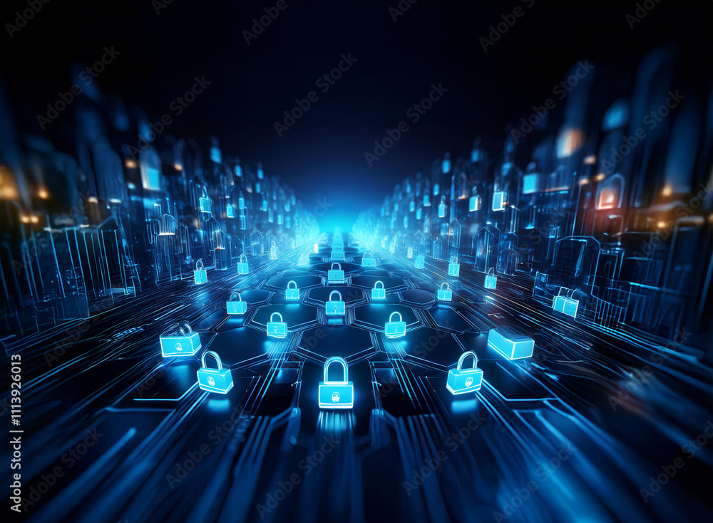 Leinwandbilder Cybersecurity digital landscape: glowing padlocks on a circuit board path through a futuristic city.  Data protection and network security are visualized.