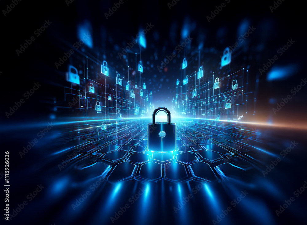 Aufkleber a glowing blue padlock stands at the center of a digital landscape, surrounded by smaller lock icons