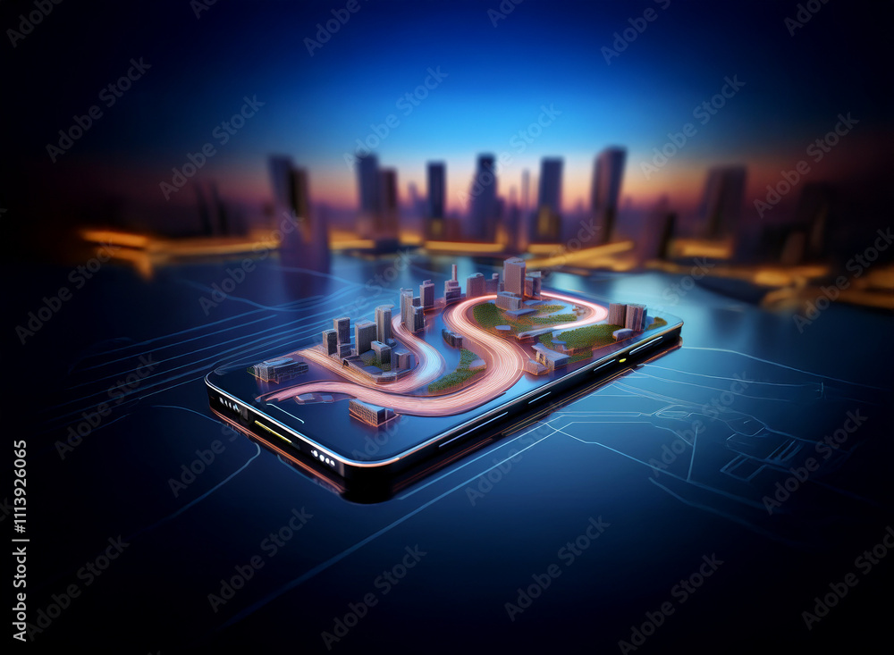 Aufkleber a miniature cityscape and winding road elegantly rest on a smartphone, symbolizing seamless urban na