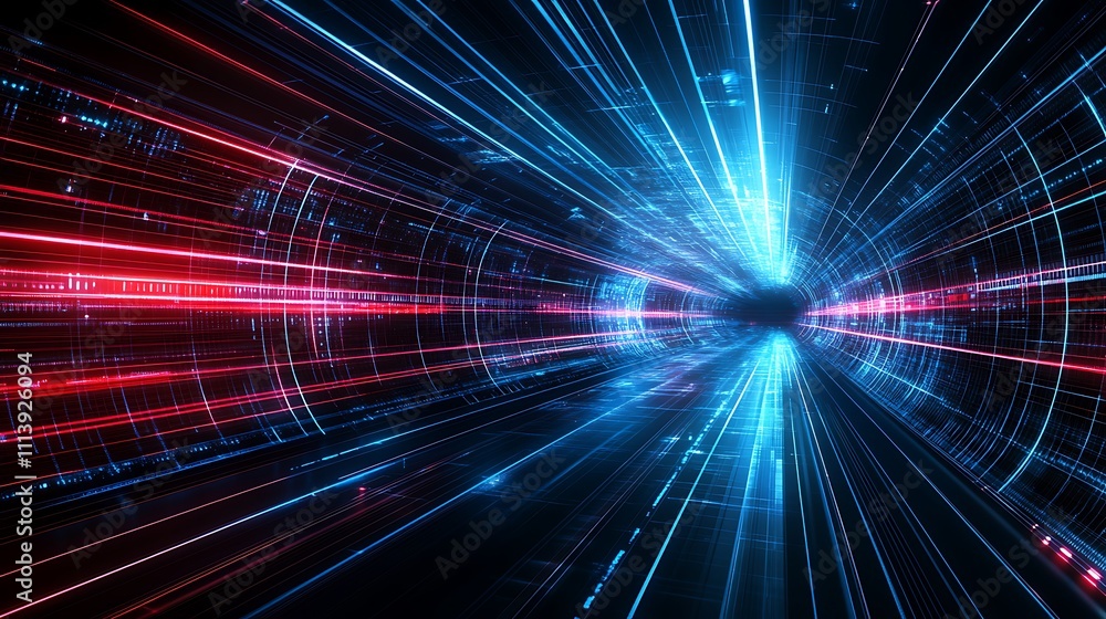 Poster futuristic abstract light rays in motion creating energy tunnel effect in blue and red colors