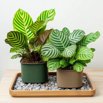 Humidity-loving calatheas placed on pebble trays for extra hydration