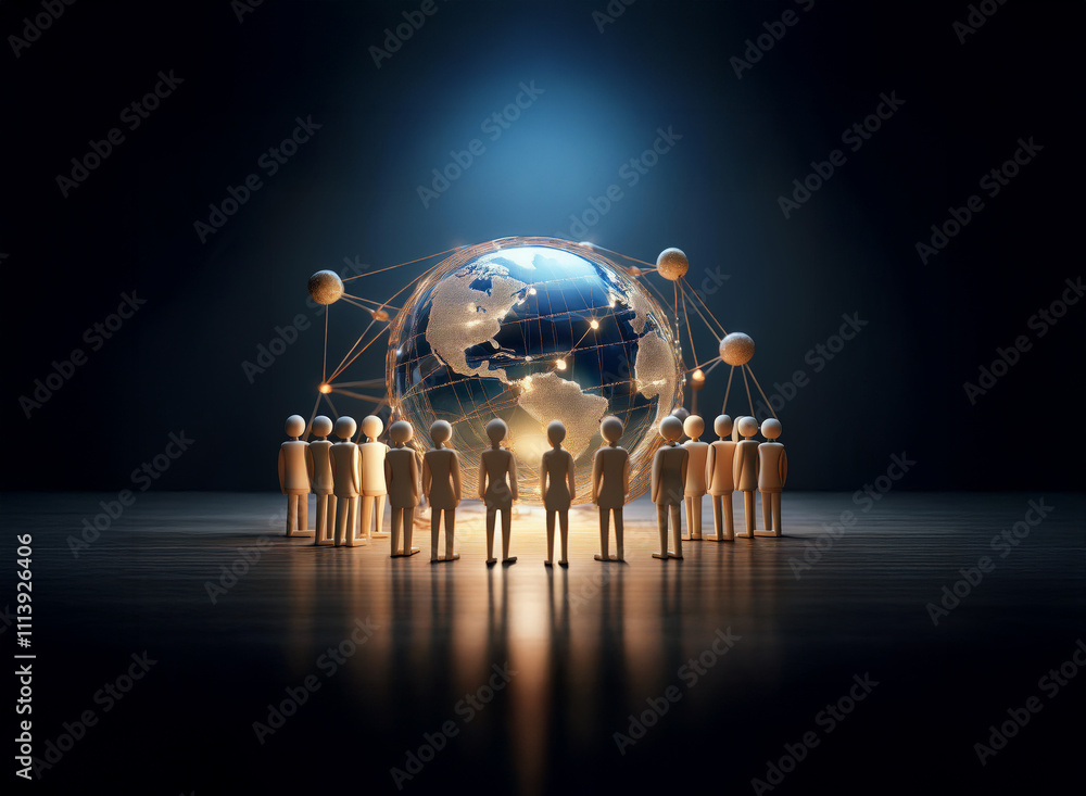 Poster glowing earth encircled by interconnected nodes, surrounded by a ring of small figures, symbolizing 