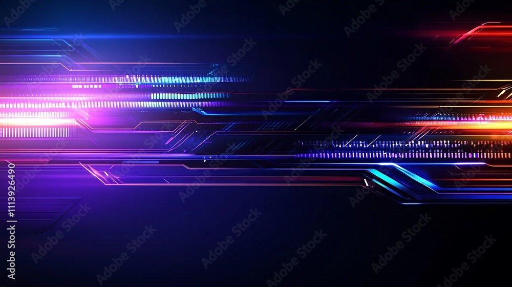 Poster futuristic abstract neon lines with vibrant colors and digital elements on dark background for techn