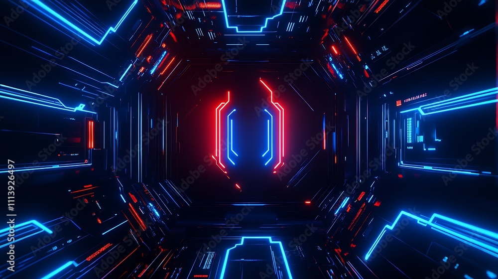 Poster futuristic abstract neon tunnel with blue and red light patterns ideal for sci-fi and technology con