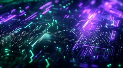 Obraz premium Futuristic Abstract Neon Circuit Board Background with Glowing Lines and Dots in Purple and Blue Hues