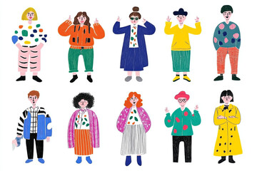 Colorful illustration of diverse people in unique, vibrant outfits, each expressing individuality through fashion. characters display range of styles and poses, showcasing creativity and diversity
