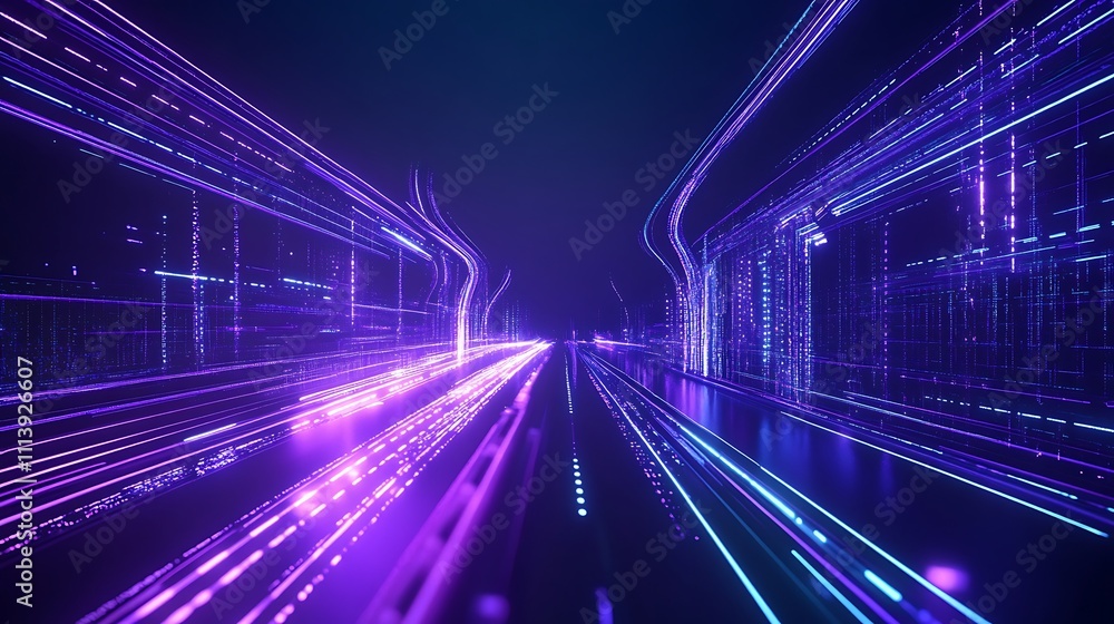Poster futuristic abstract network pathway with bright neon lines and digital elements in dark environment