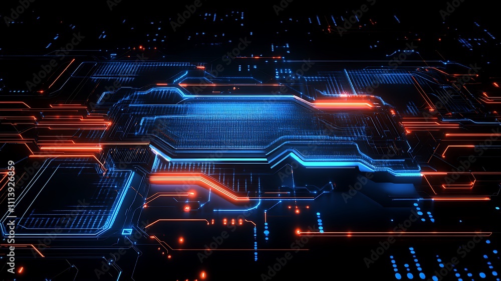 Poster futuristic abstract technology background with neon lines and circuit patterns in blue and orange co