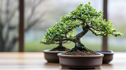 Indoor bonsai trees receiving gentle, measured hydration for root care