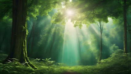 Obraz premium A sunbeam pierces through a dense forest canopy, highlighting the process of transpiration in plants.