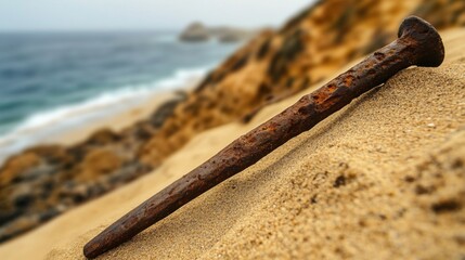 Ancient harpoon resting on sandy beach, partially buried with weathered wooden handle and rusted metal tip, evoking historical maritime heritage and archaeological significance.