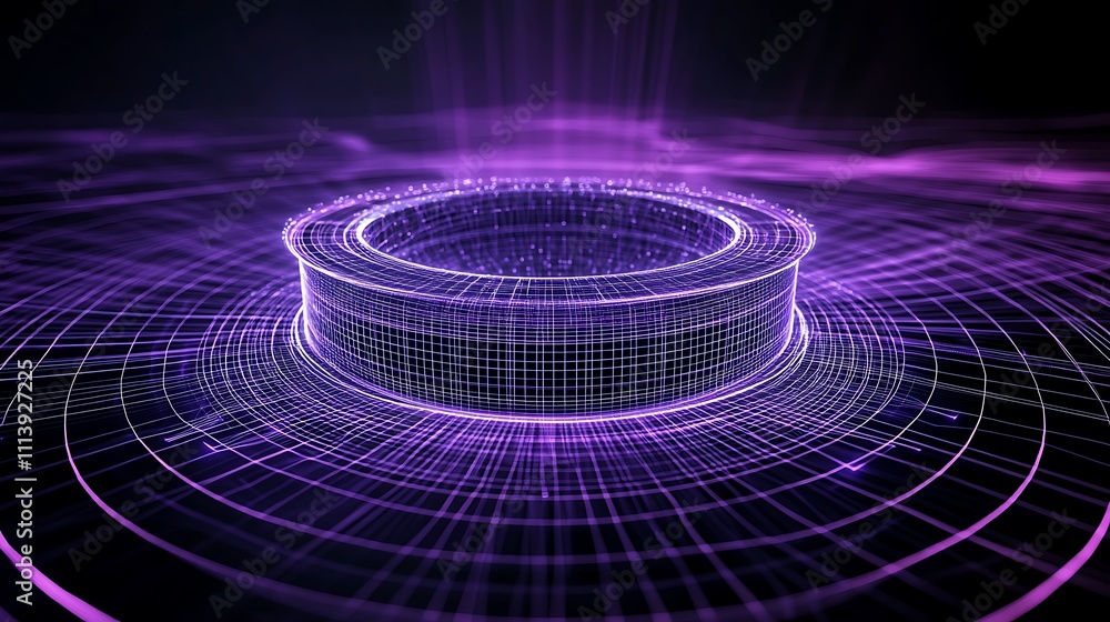 Poster futuristic abstract visualization of digital data and technology with vibrant purple layered circles