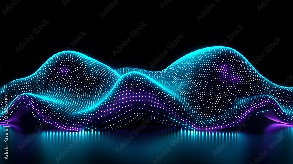 Poster futuristic abstract wave pattern with neon dots and smooth curves on black background