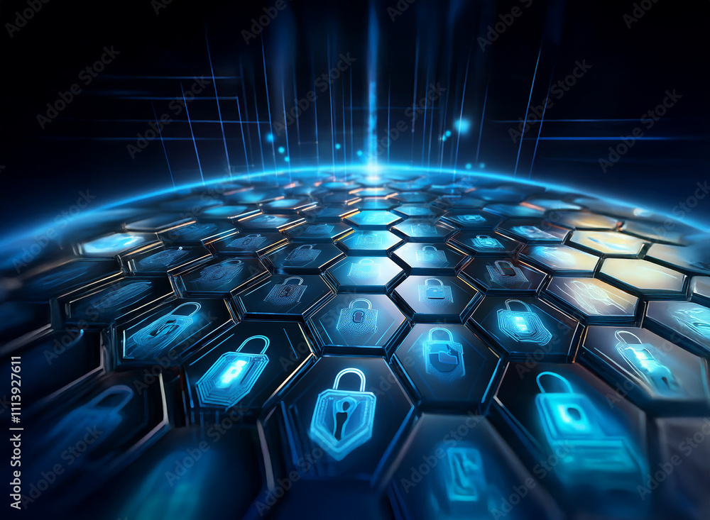 Aufkleber a futuristic digital sphere composed of glowing blue hexagons, each featuring a padlock icon, symbol