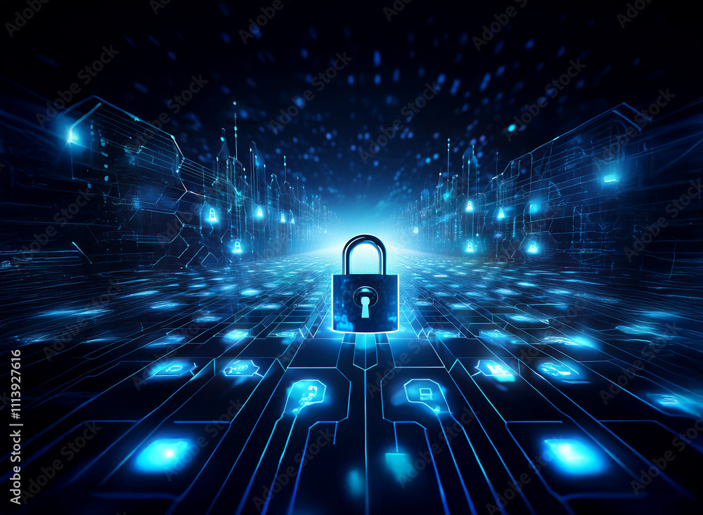 Aufkleber a glowing padlock sits at the center of a digital landscape, symbolizing cybersecurity and data prot