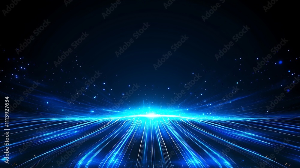 Poster futuristic blue background with dynamic light rays and sparkling stars in a cosmic atmosphere