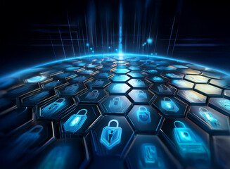 Obraz premium A futuristic digital sphere composed of glowing blue hexagons, each featuring a padlock icon, symbolizes global cybersecurity and data protection. The design suggests a strong, interconnected network