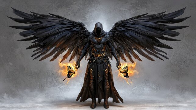 Dark Figure of Thanatos with Wings and Flames