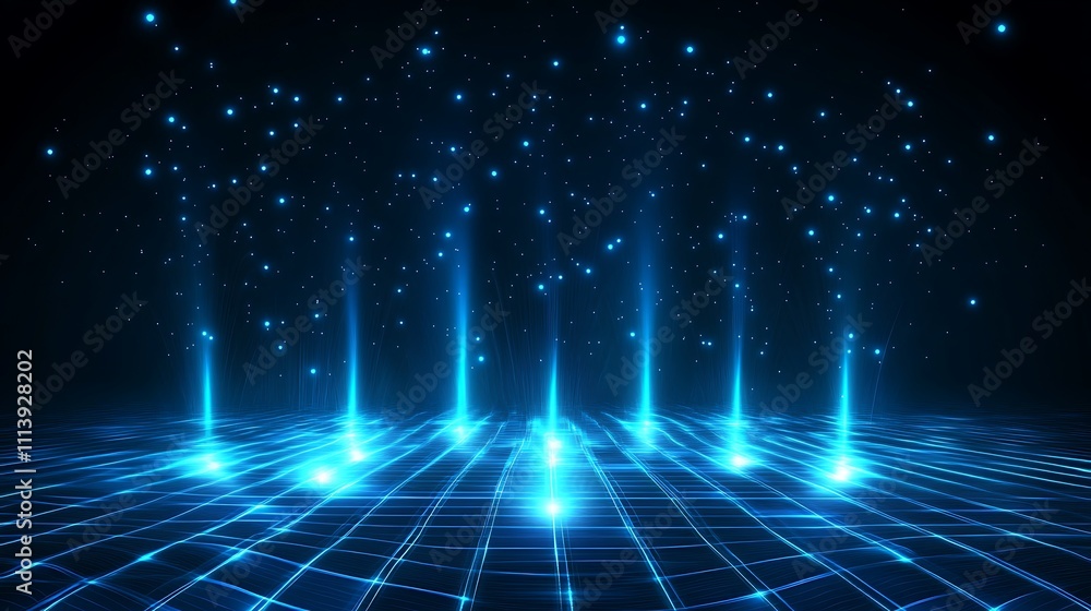 Poster futuristic blue light rays emanating from grids against a dark starry background in abstract digital