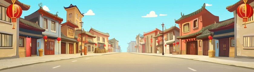 Naklejka premium Vibrant Chinese Village on a Sunny Day with Colorful Buildings and Red Lanterns