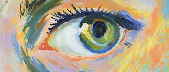 Vibrant Abstract Eye Art in Bold Colors - Unique Painted Close-Up of Human Eye Featuring Vivid Green and Blue Hues for Creative Projects