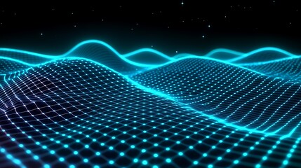 Naklejka premium Futuristic Blue Wave Grid Landscape with Neon Light Elements on Dark Background for Digital Art and Technology Themes