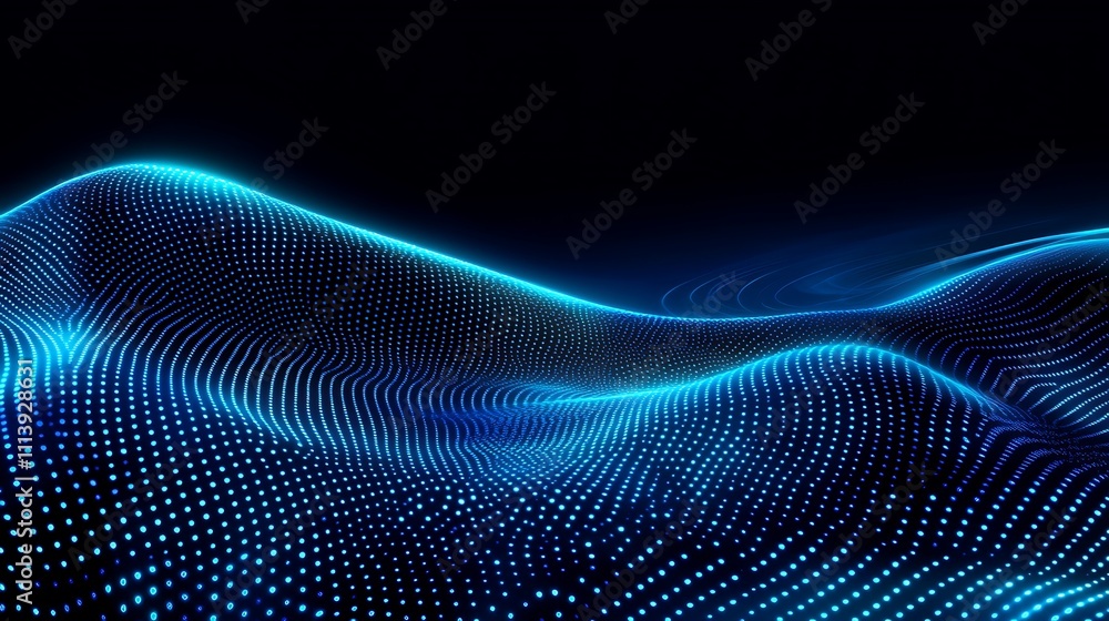 Poster futuristic blue waves with digital particles and glow effect for abstract background or technology c