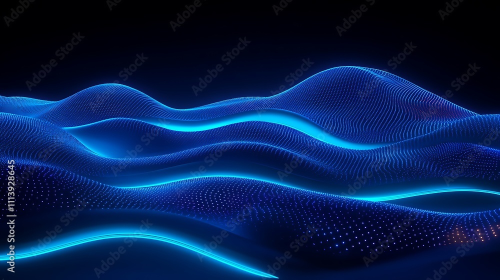 Poster futuristic blue waves with glowing lines and dotted patterns in a dark background for abstract visua