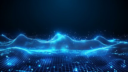 Futuristic Blue Waves with Digital Particles and Grid in Dark Background for Technology Concepts