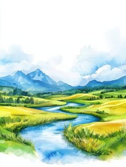 Obraz premium A lush valley with a meandering river, smaller tributaries weaving through fields and pastures, mountains visible on the horizon