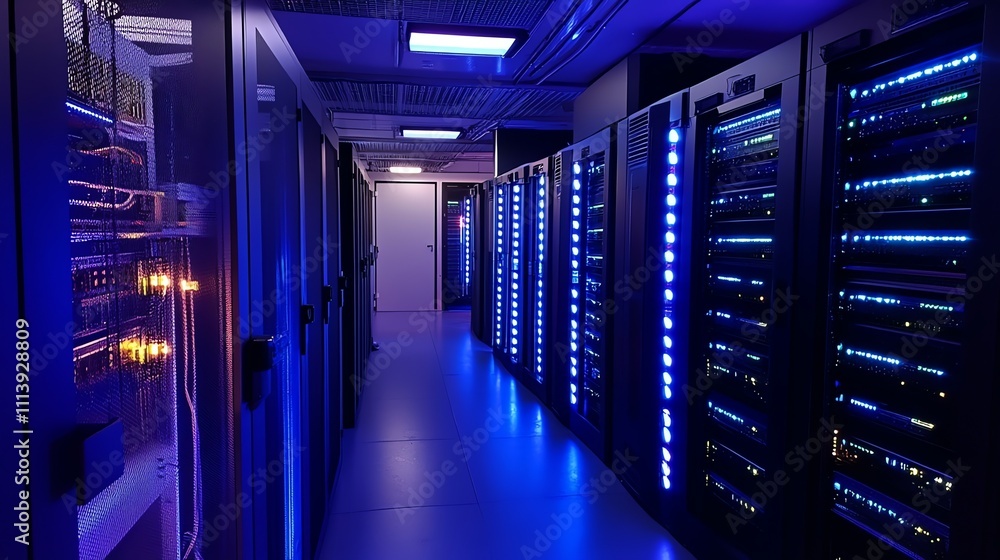 Aufkleber server room with rows of computer servers lit with blue lights.