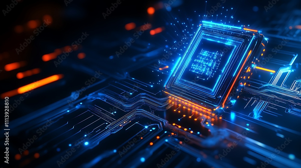 Poster futuristic circuit board with glowing microchip and data flow in high-tech digital environment