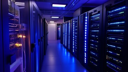 Obraz premium Server room with rows of computer servers lit with blue lights.
