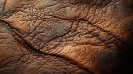 Close-up of textured brown leather with wrinkles and creases.