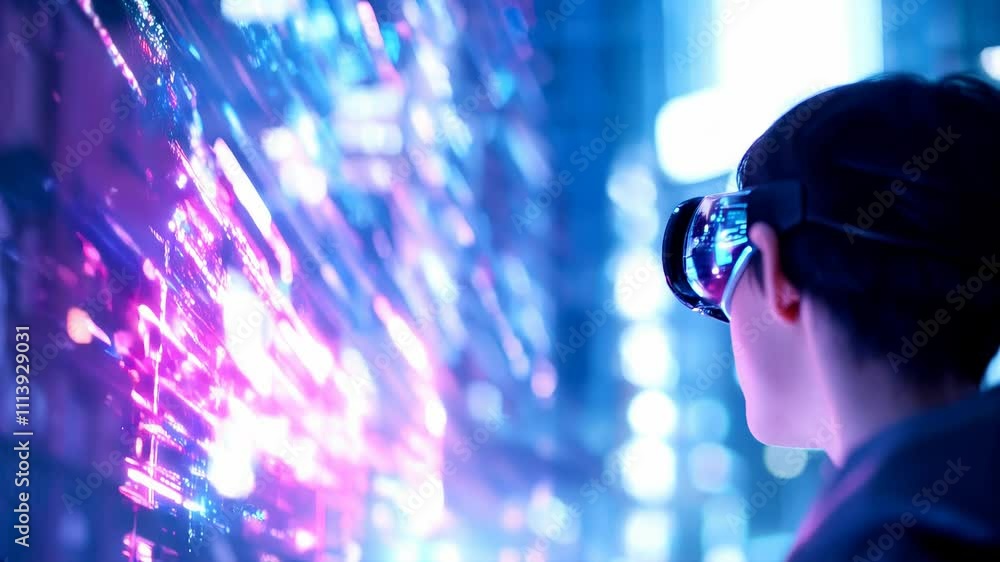 Aufkleber a young individual wearing advanced virtual reality goggles interacts with stunning digital graphics