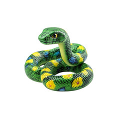 Naklejka premium Vibrant Green Snake with Yellow Flowers Coiled on on white background