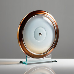 Glass sculpture of a discus with metallic gold to translucent white gradient, dynamic circular...