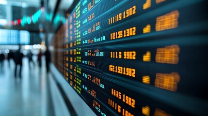 Blurred stock market display board with numeric data and people in motion.